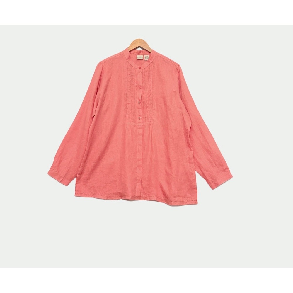 L.L. Bean 100% Linen Long Sleeve Blouse Womens XL Popover Salmon Beachy Resort